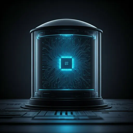 A sophisticated macro shot of high-tech integrated circuits and glowing blue neural pathways inside a glass chamber